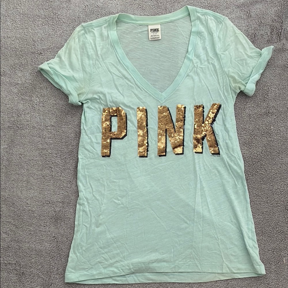 PINK Victoria's Secret Mint Green Sequin Logo T-Shirt